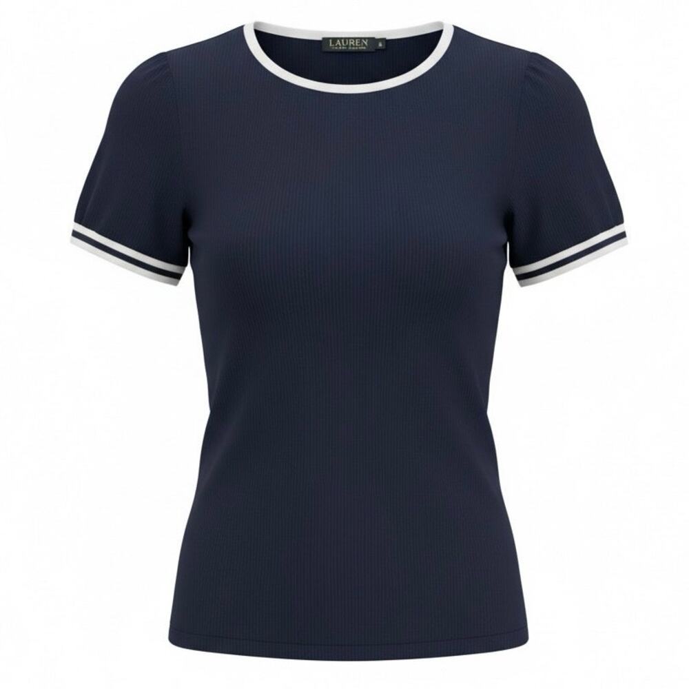 Lauren Ralph Lauren Navy Short Sleeve Ribbed Tee with White Trim